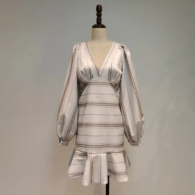 Hit Color Striped V Neck Lantern Sleeve High Waist Bodycon Slim Dresses