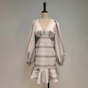 Hit Color Striped V Neck Lantern Sleeve High Waist Bodycon Slim Dresses