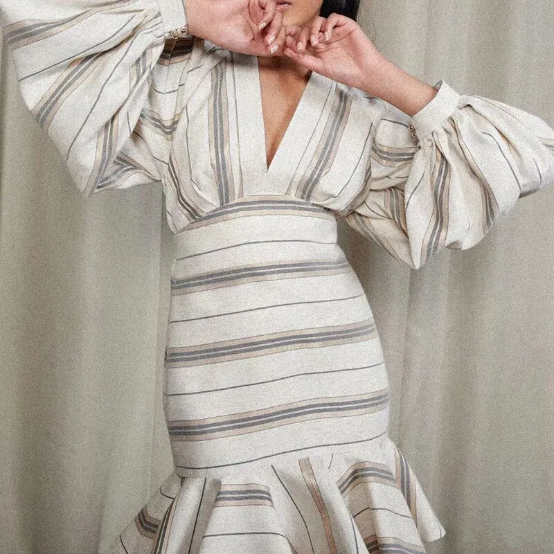 Hit Color Striped V Neck Lantern Sleeve High Waist Bodycon Slim Dresses