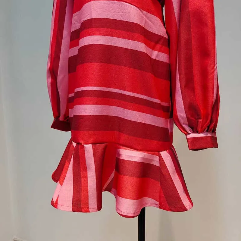 Hit Color Striped V Neck Lantern Sleeve High Waist Bodycon Slim Dresses