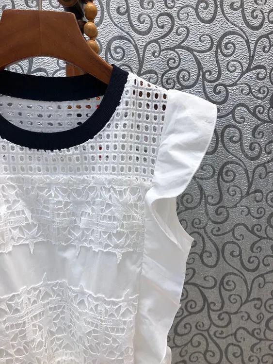 Hollow Out Embroidery Dress Women Drawstring Waist Ruffle Elegant