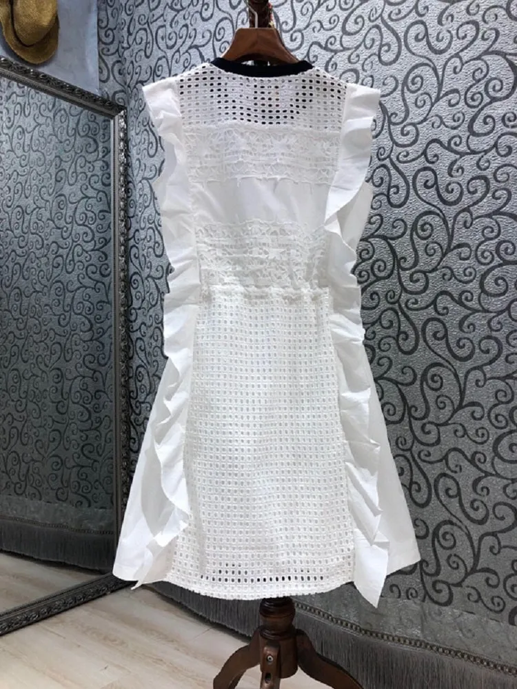 Hollow Out Embroidery Dress Women Drawstring Waist Ruffle Elegant