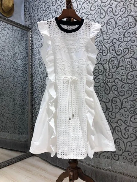 Hollow Out Embroidery Dress Women Drawstring Waist Ruffle Elegant