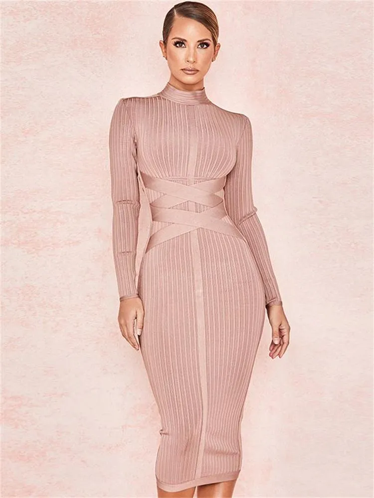HQBORY Criss Cross Bandage Long Sleeves Dress