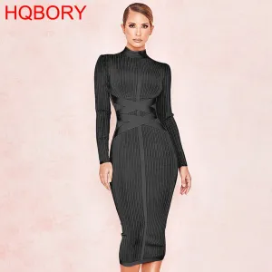 HQBORY Criss Cross Bandage Long Sleeves Dress