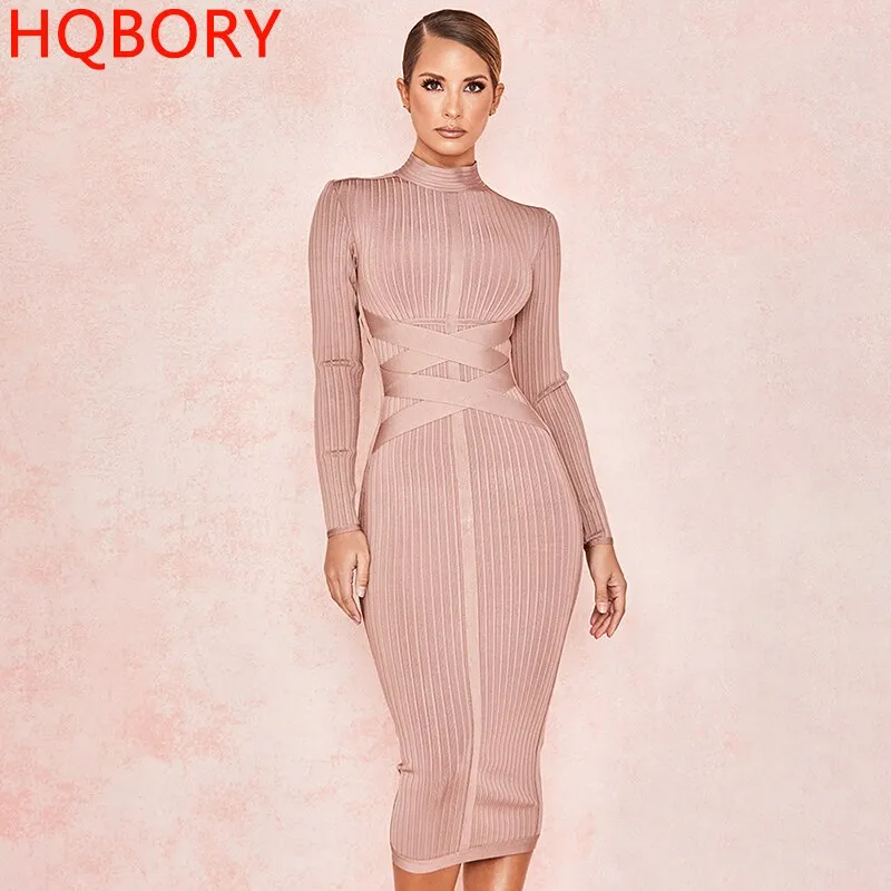 HQBORY Criss Cross Bandage Long Sleeves Dress