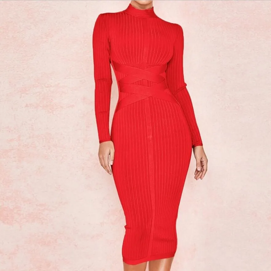 HQBORY Criss Cross Bandage Long Sleeves Dress