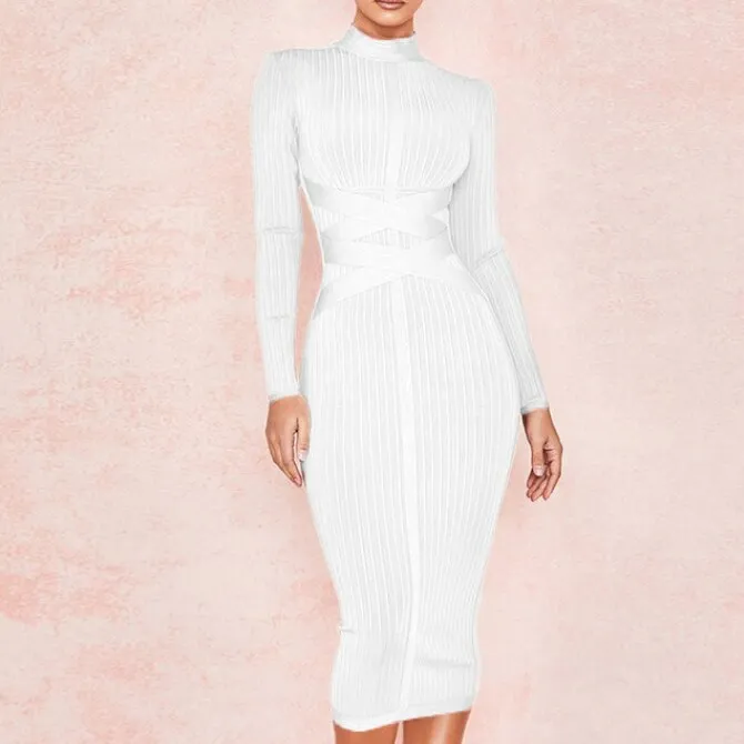 HQBORY Criss Cross Bandage Long Sleeves Dress