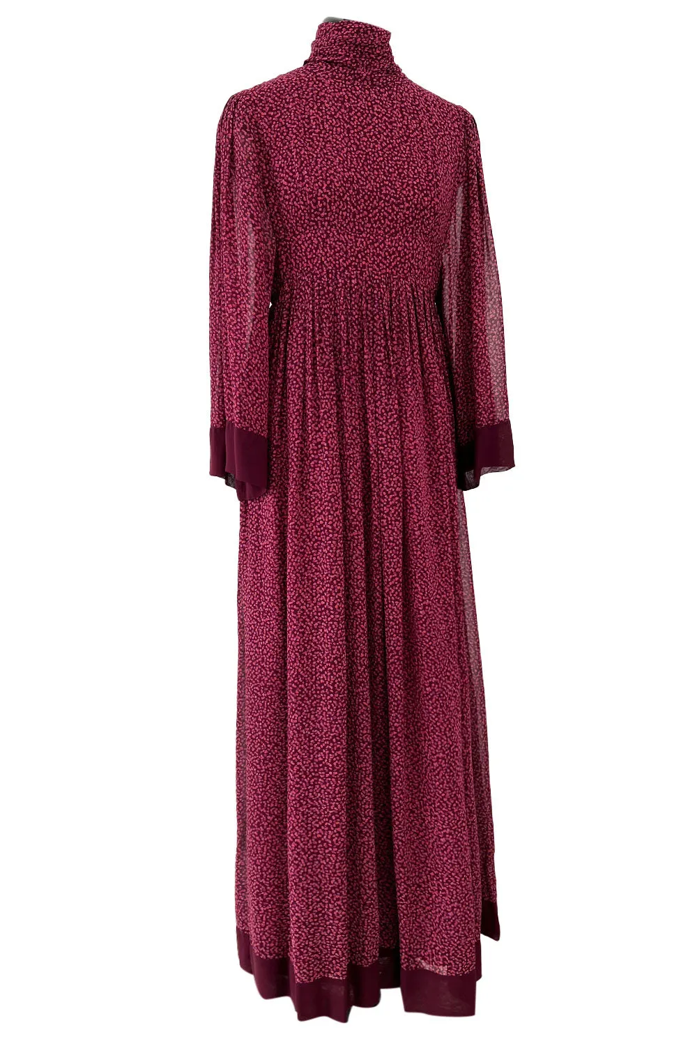 Incredible 1969-1972 Christian Dior by Marc Bohan Demi-Couture Numbered Silk Chiffon Burgundy Dress