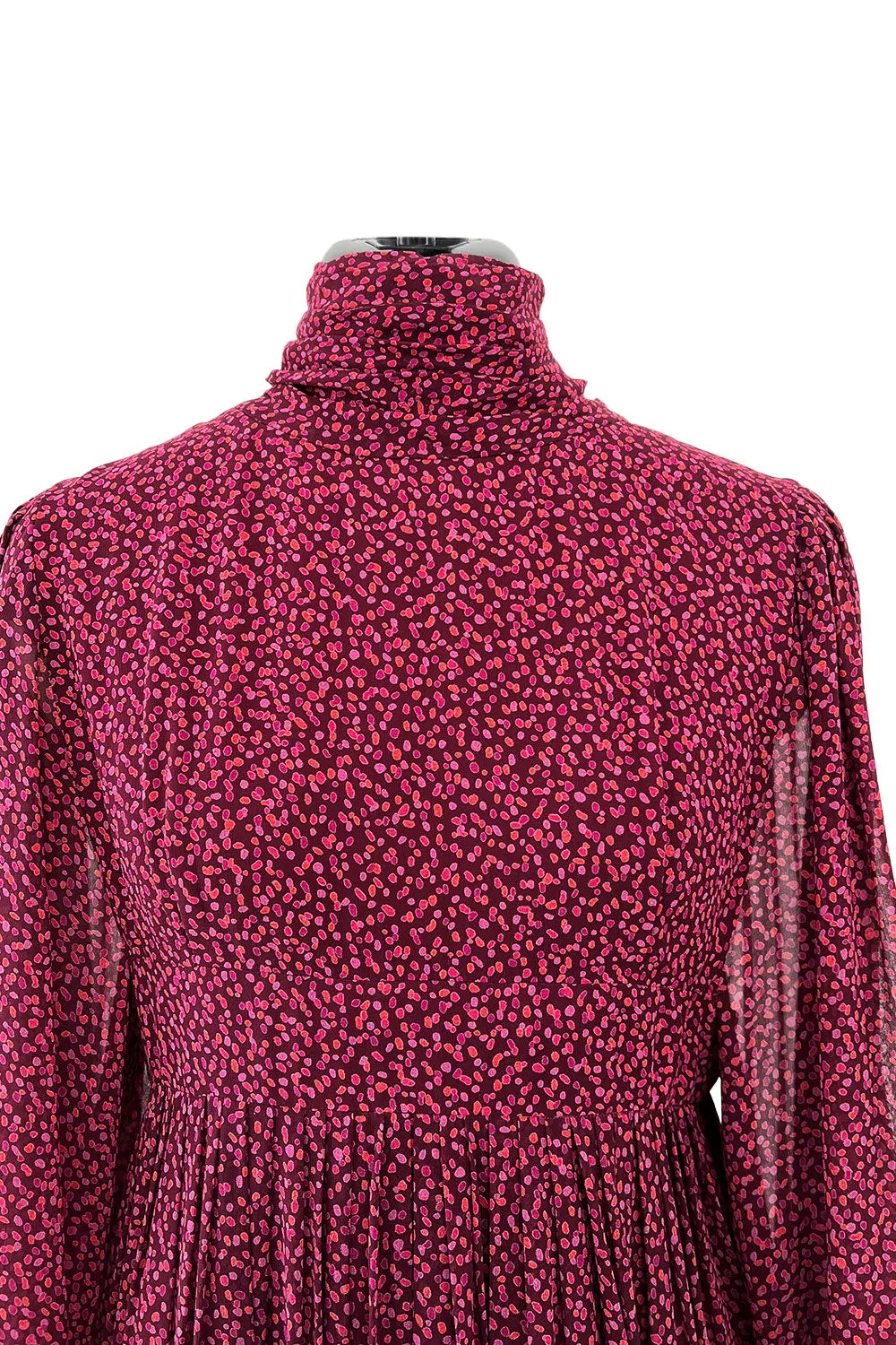 Incredible 1969-1972 Christian Dior by Marc Bohan Demi-Couture Numbered Silk Chiffon Burgundy Dress