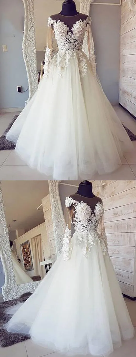 Inexpensive Tulle Applique Long Sleeves Online Long Wedding Dresses, BGP278