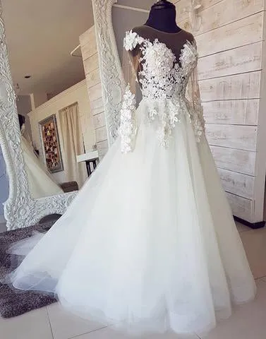 Inexpensive Tulle Applique Long Sleeves Online Long Wedding Dresses, BGP278