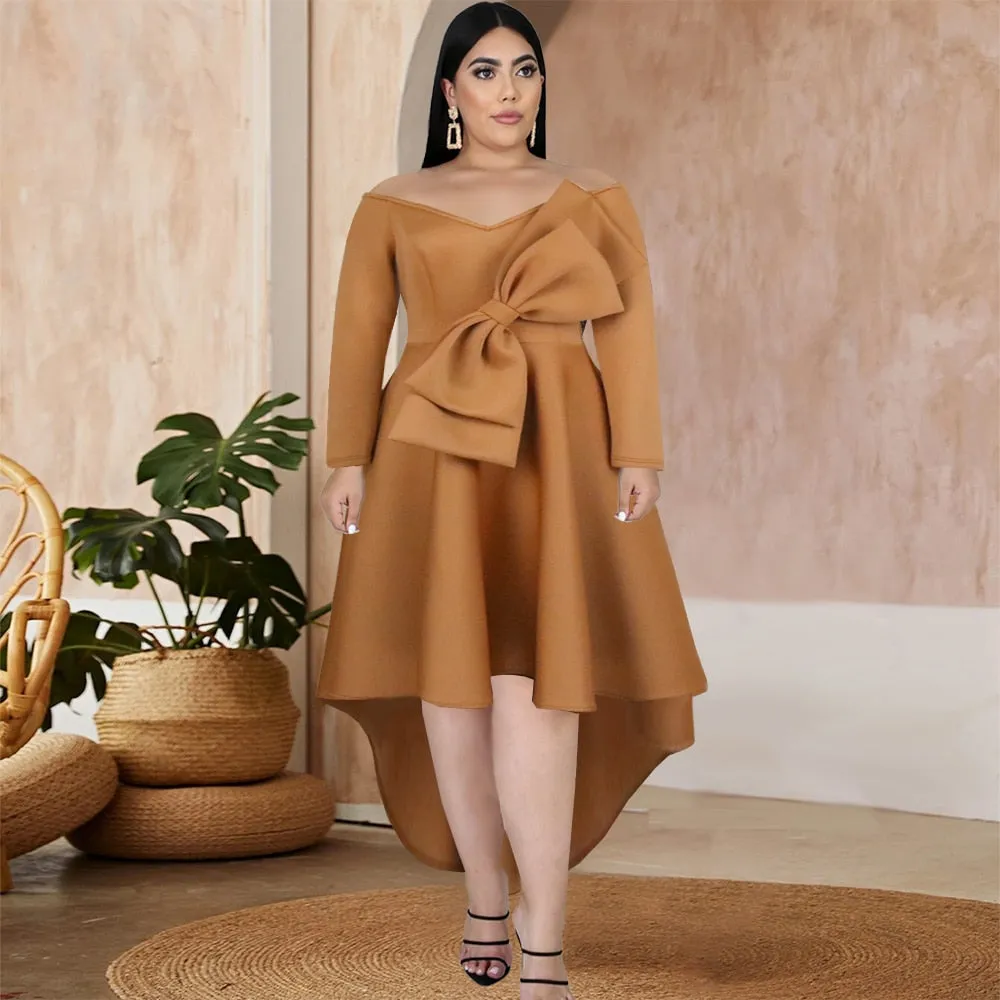 Irregular Dress Elegant Women Bare Shoulder Long Sleeve Ruffle Pleated Plus Size Gown
