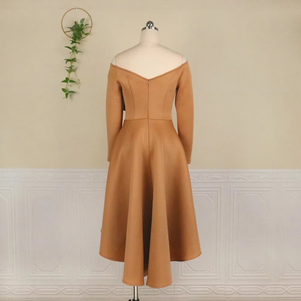 Irregular Dress Elegant Women Bare Shoulder Long Sleeve Ruffle Pleated Plus Size Gown