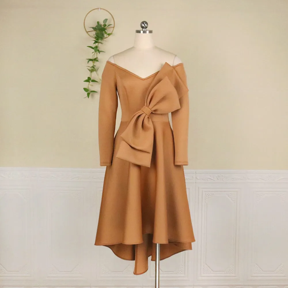 Irregular Dress Elegant Women Bare Shoulder Long Sleeve Ruffle Pleated Plus Size Gown
