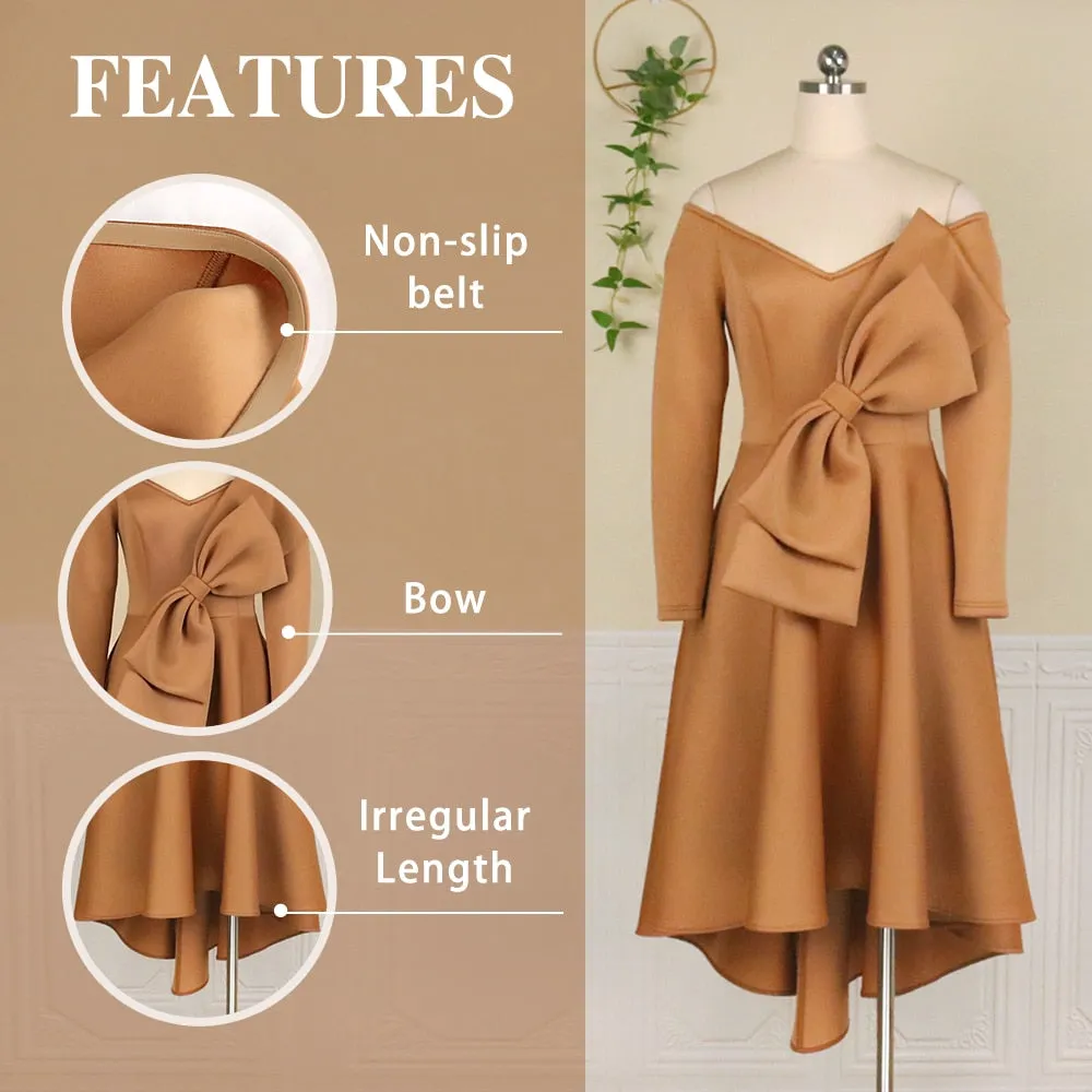 Irregular Dress Elegant Women Bare Shoulder Long Sleeve Ruffle Pleated Plus Size Gown
