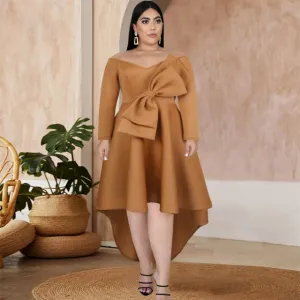 Irregular Dress Elegant Women Bare Shoulder Long Sleeve Ruffle Pleated Plus Size Gown