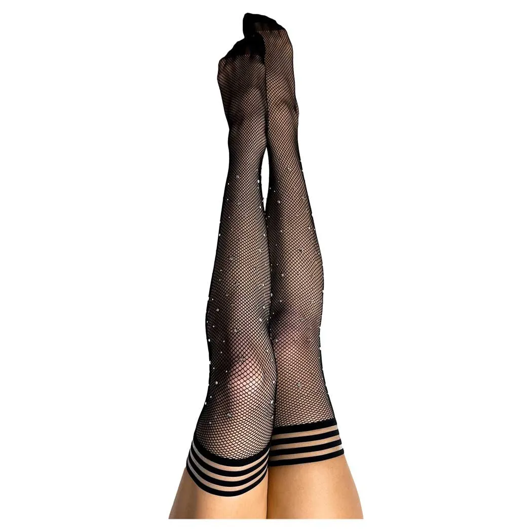 Kix'ies Angelica Black Fishnet Thigh Highs with Rhinestones