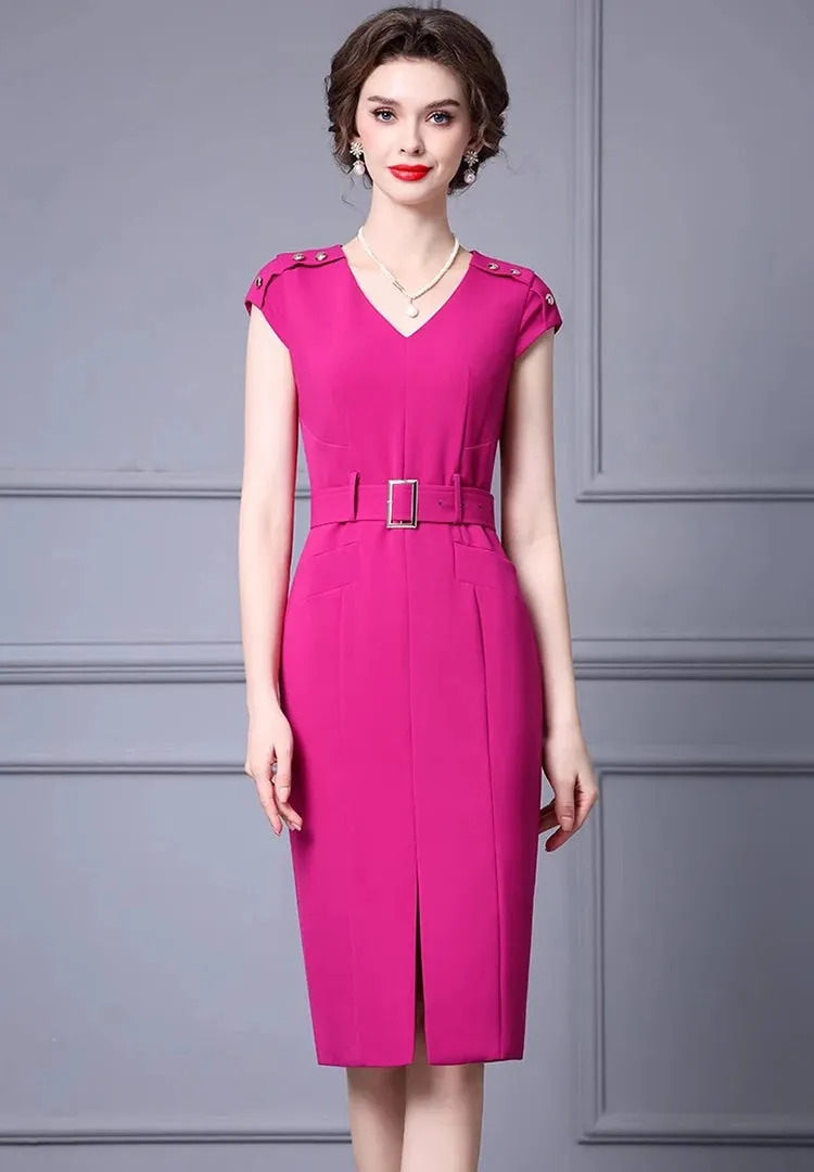 Kori V-Neck Garment Sleeve Sashes Dress High Street Rose Red Khaki Temperament Dress