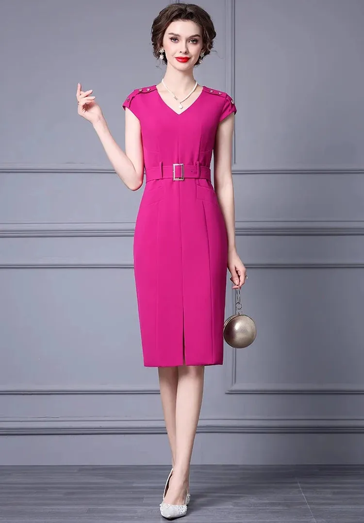 Kori V-Neck Garment Sleeve Sashes Dress High Street Rose Red Khaki Temperament Dress