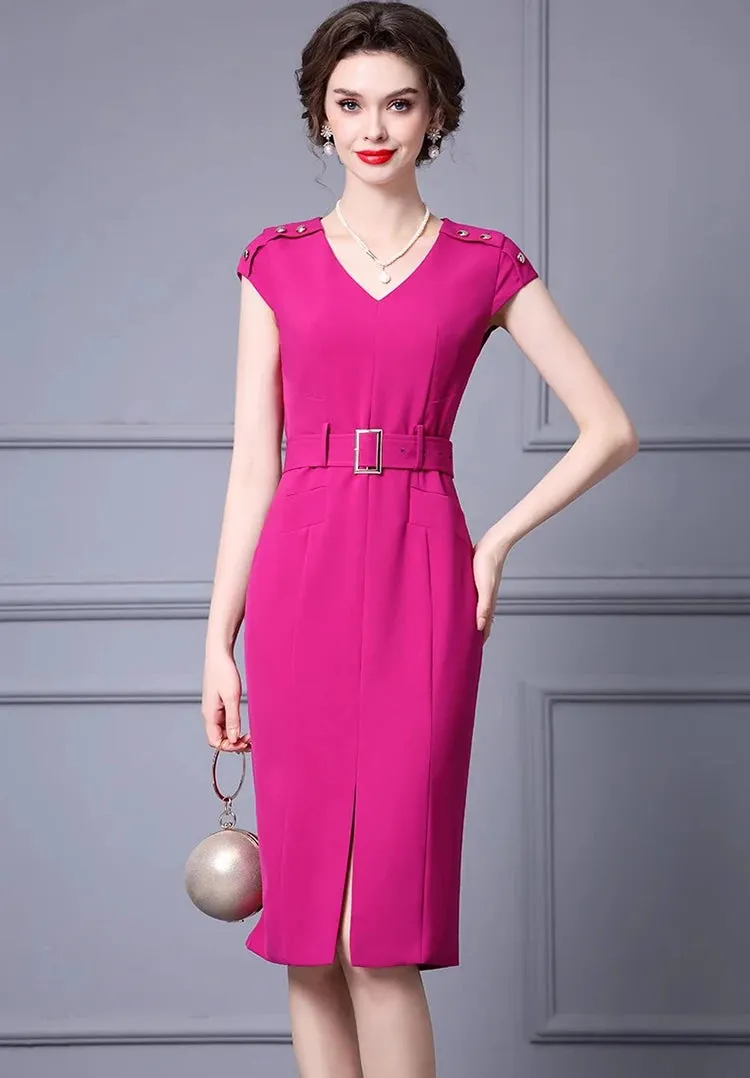 Kori V-Neck Garment Sleeve Sashes Dress High Street Rose Red Khaki Temperament Dress