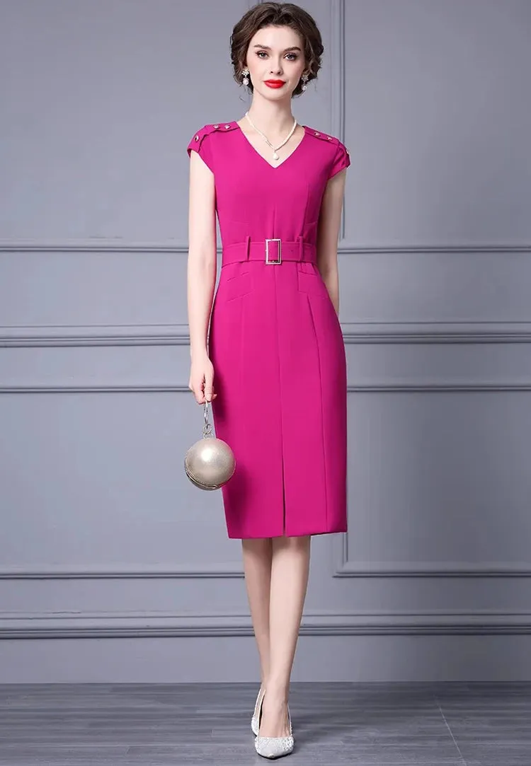 Kori V-Neck Garment Sleeve Sashes Dress High Street Rose Red Khaki Temperament Dress