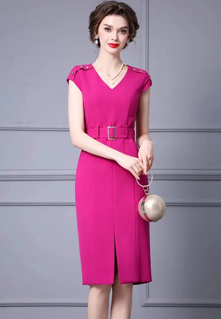 Kori V-Neck Garment Sleeve Sashes Dress High Street Rose Red Khaki Temperament Dress