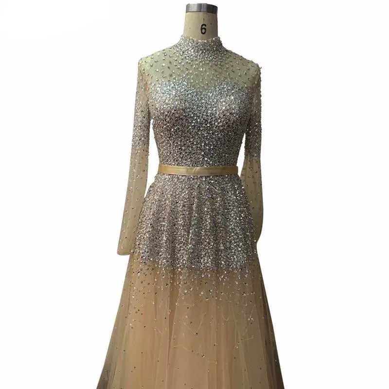 Latest Design Pink High Collar Evening Dress Long Sleeves Sequined Sexy Formal Party Gown