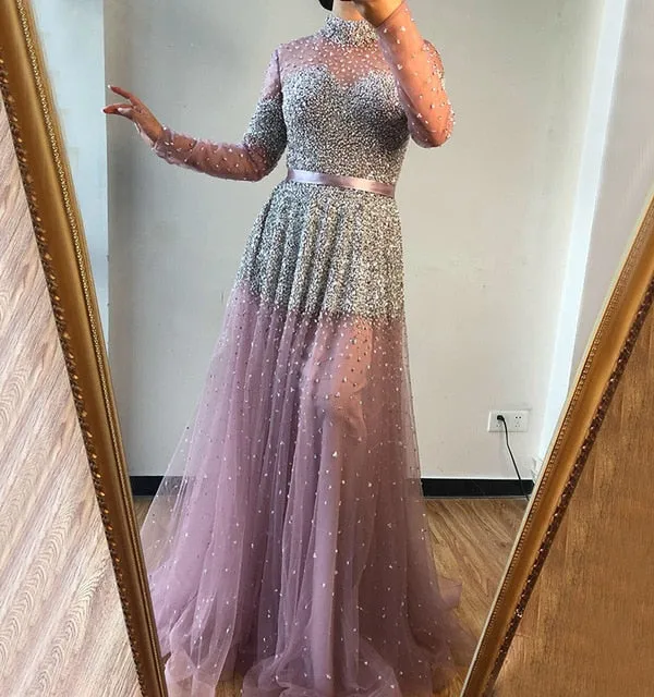 Latest Design Pink High Collar Evening Dress Long Sleeves Sequined Sexy Formal Party Gown