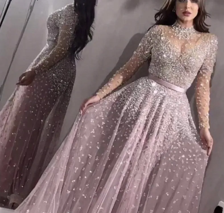 Latest Design Pink High Collar Evening Dress Long Sleeves Sequined Sexy Formal Party Gown