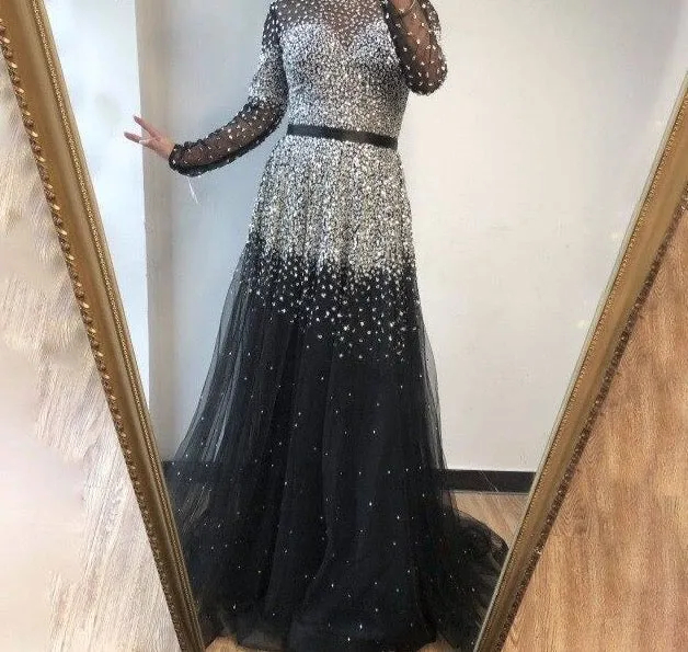 Latest Design Pink High Collar Evening Dress Long Sleeves Sequined Sexy Formal Party Gown