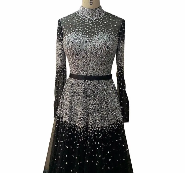 Latest Design Pink High Collar Evening Dress Long Sleeves Sequined Sexy Formal Party Gown