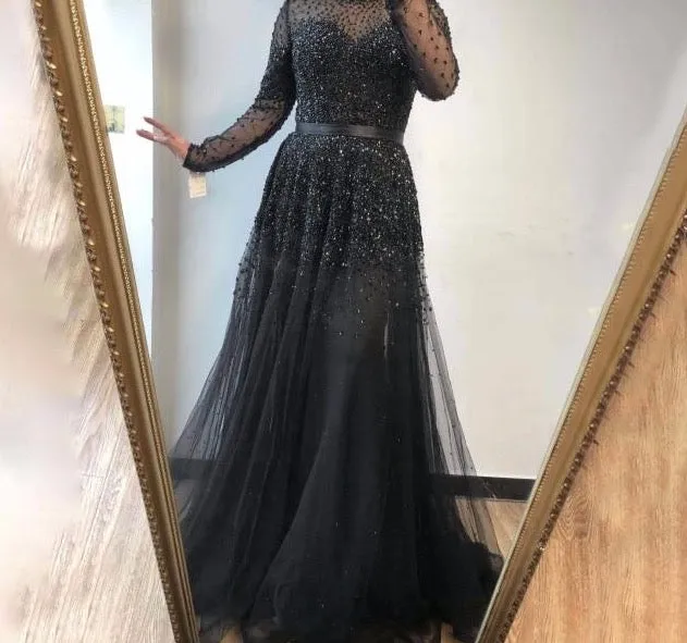 Latest Design Pink High Collar Evening Dress Long Sleeves Sequined Sexy Formal Party Gown