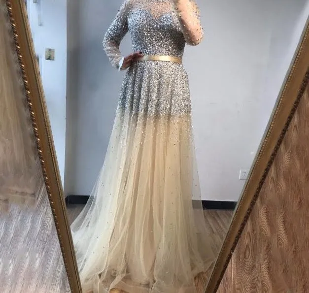 Latest Design Pink High Collar Evening Dress Long Sleeves Sequined Sexy Formal Party Gown