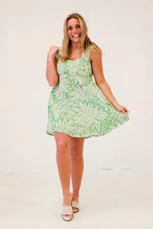 Leafy Romance Ruched Mini Dress in Green