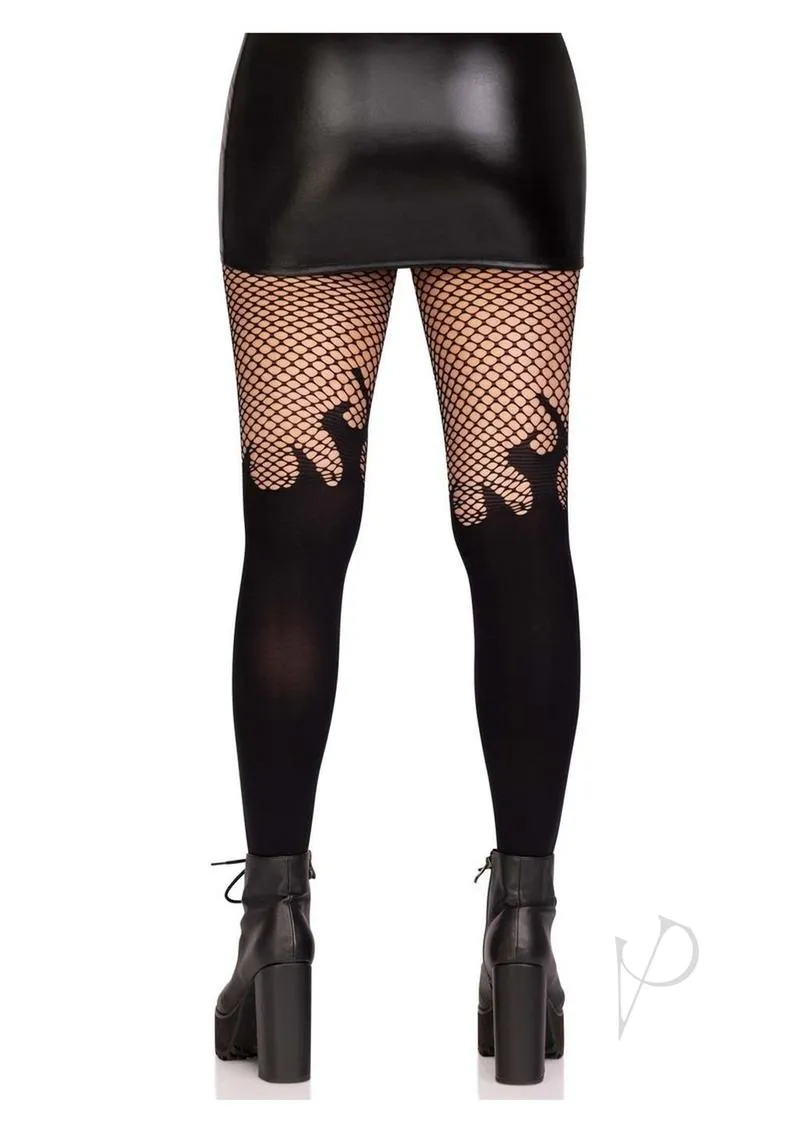Leg Avenue Opaque Flame Tights with Fishnet Tops Black O/S