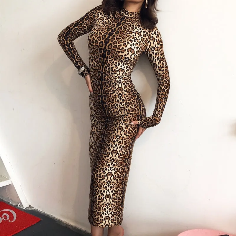 Leopard Print Long Sleeve Slim Sexy Dress