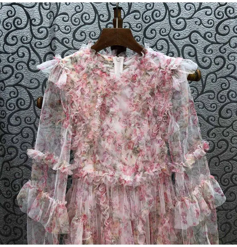 Long Maxi Dress 2022 Wedding Party Floral Patterns Mesh Dress