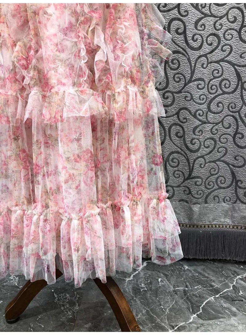 Long Maxi Dress 2022 Wedding Party Floral Patterns Mesh Dress