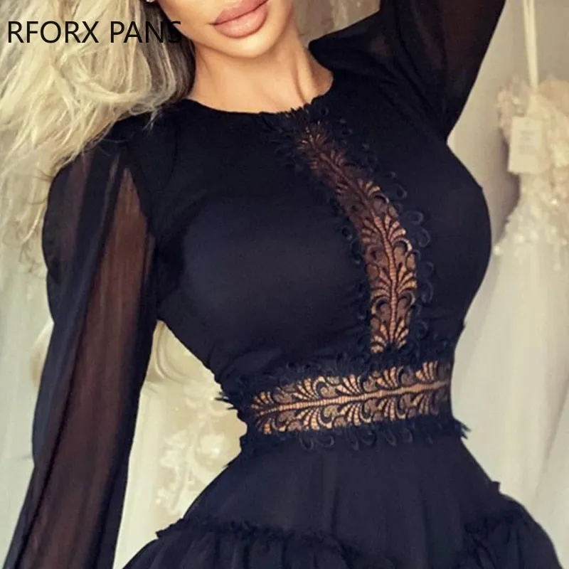 Long Sleeve Solid Stitching Lace Mini Dress