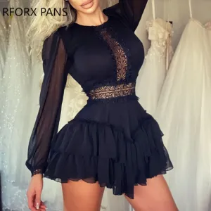 Long Sleeve Solid Stitching Lace Mini Dress