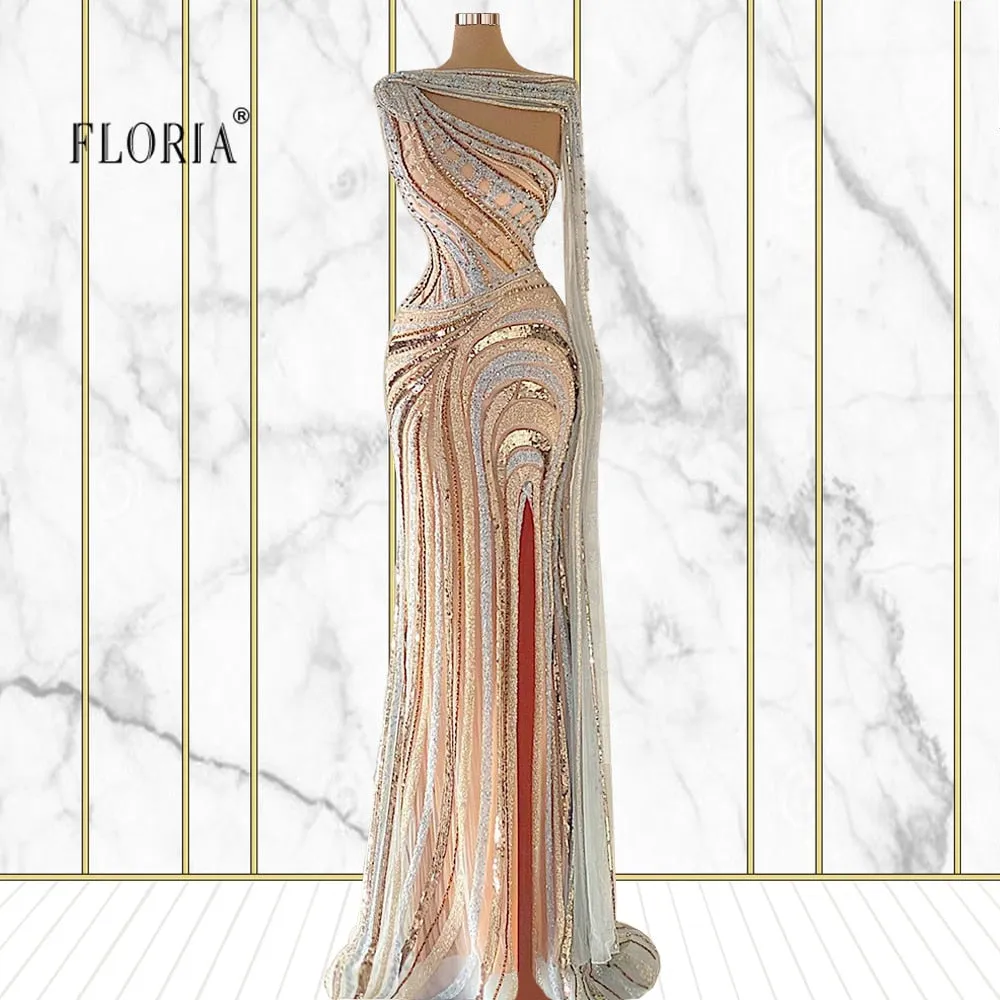 Luxury Saudi Arabia Beading One-shoulder Sleeve High Slit Long Dresses