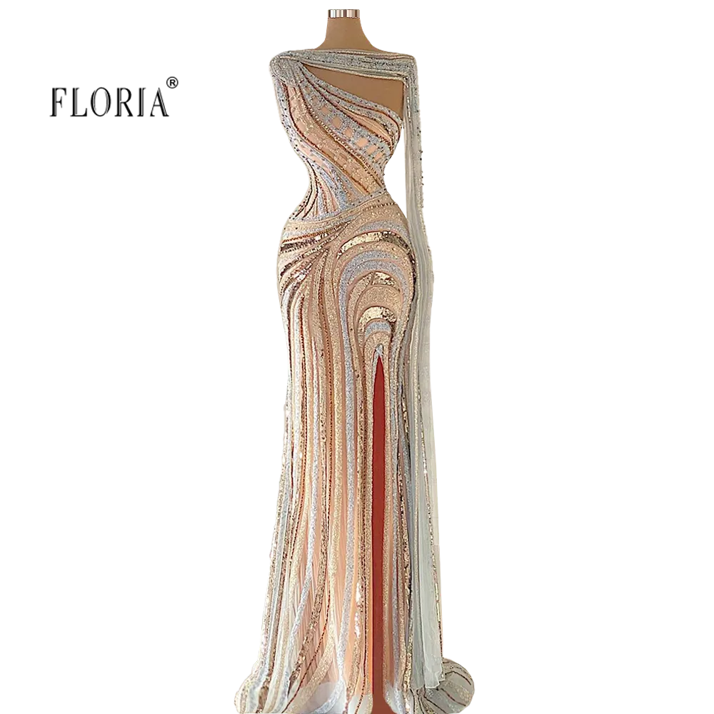 Luxury Saudi Arabia Beading One-shoulder Sleeve High Slit Long Dresses