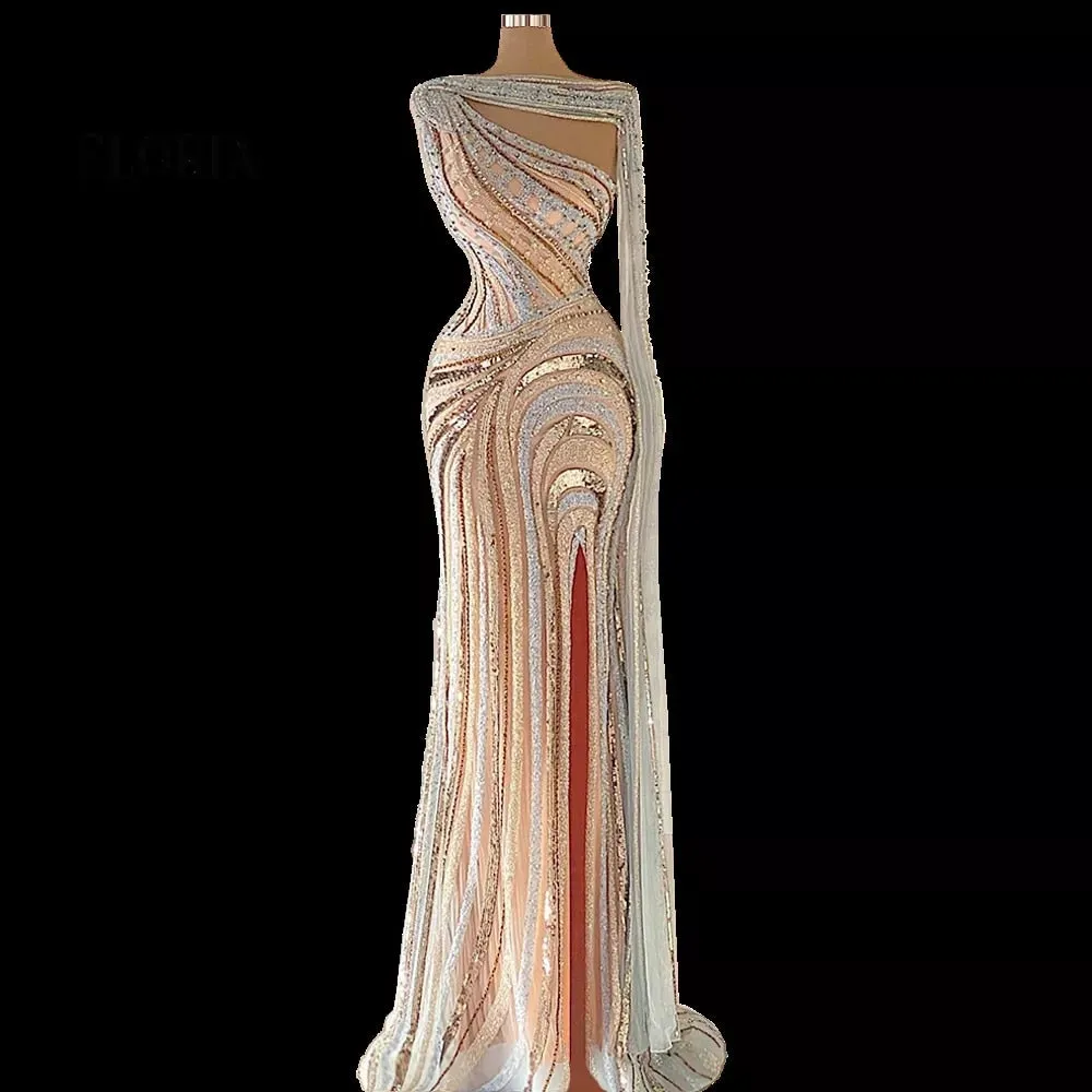 Luxury Saudi Arabia Beading One-shoulder Sleeve High Slit Long Dresses