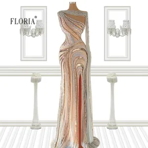 Luxury Saudi Arabia Beading One-shoulder Sleeve High Slit Long Dresses