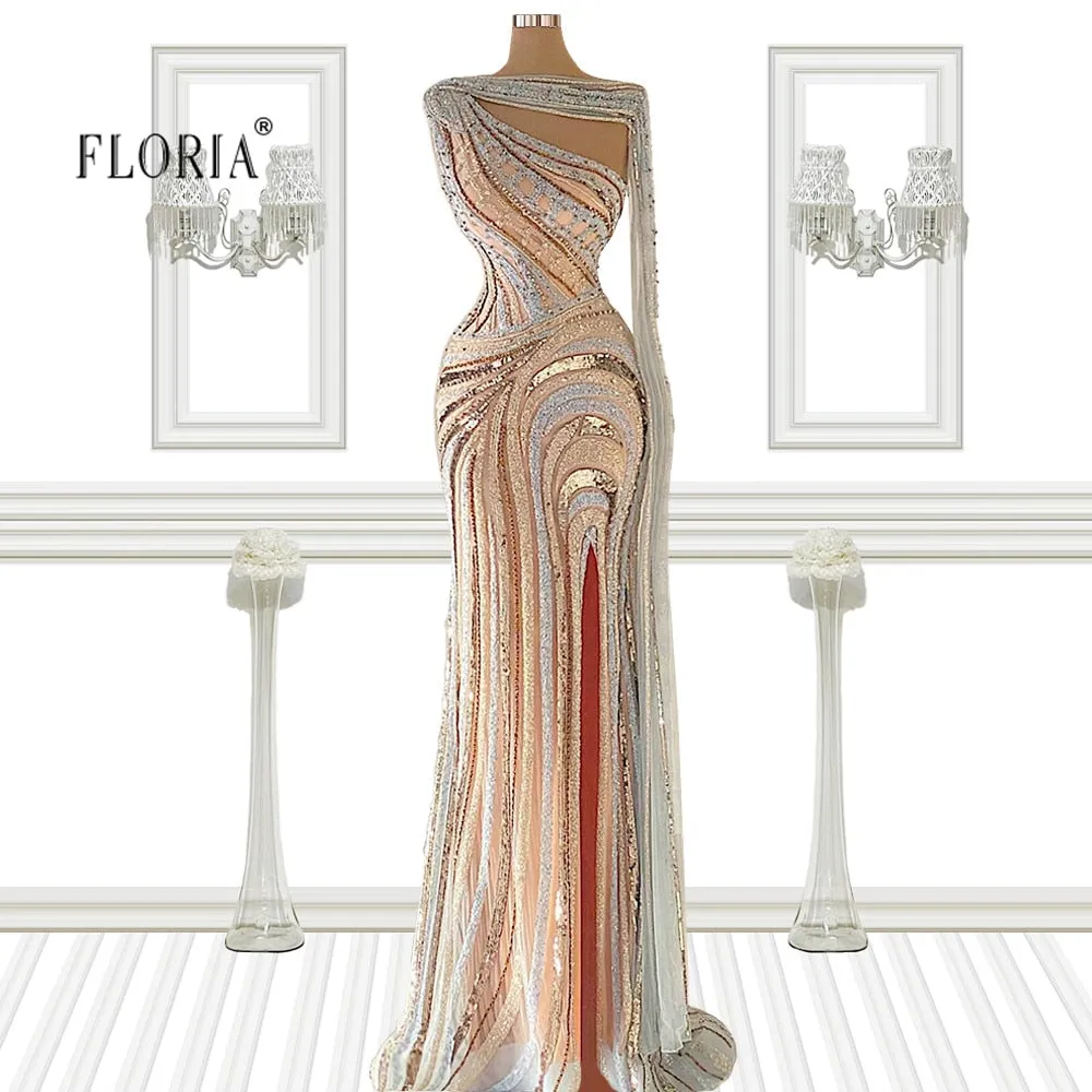 Luxury Saudi Arabia Beading One-shoulder Sleeve High Slit Long Dresses