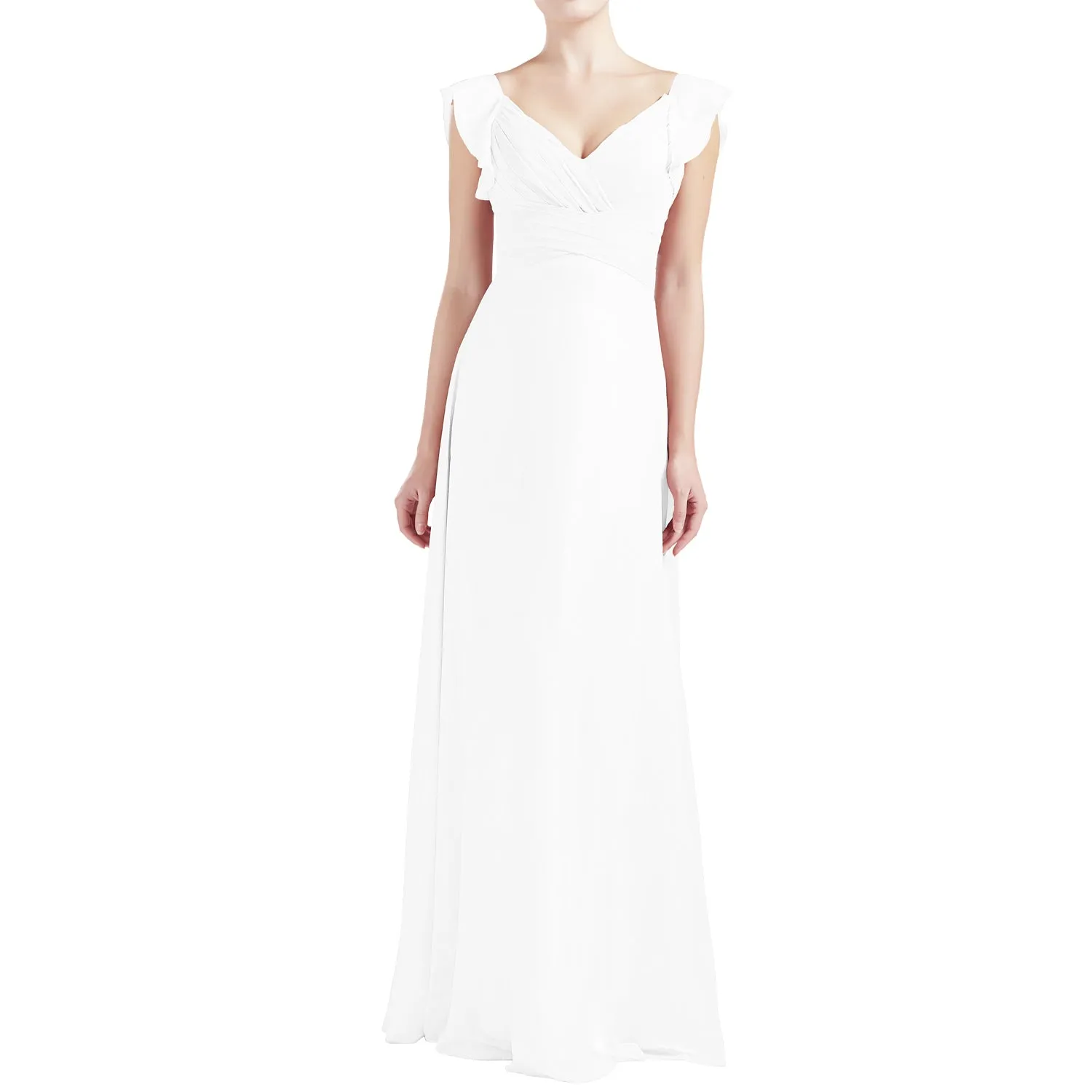 MACloth Women V Neck Ruffle Cap Sleeve Empire Waist Long Bridesmaid Dresses