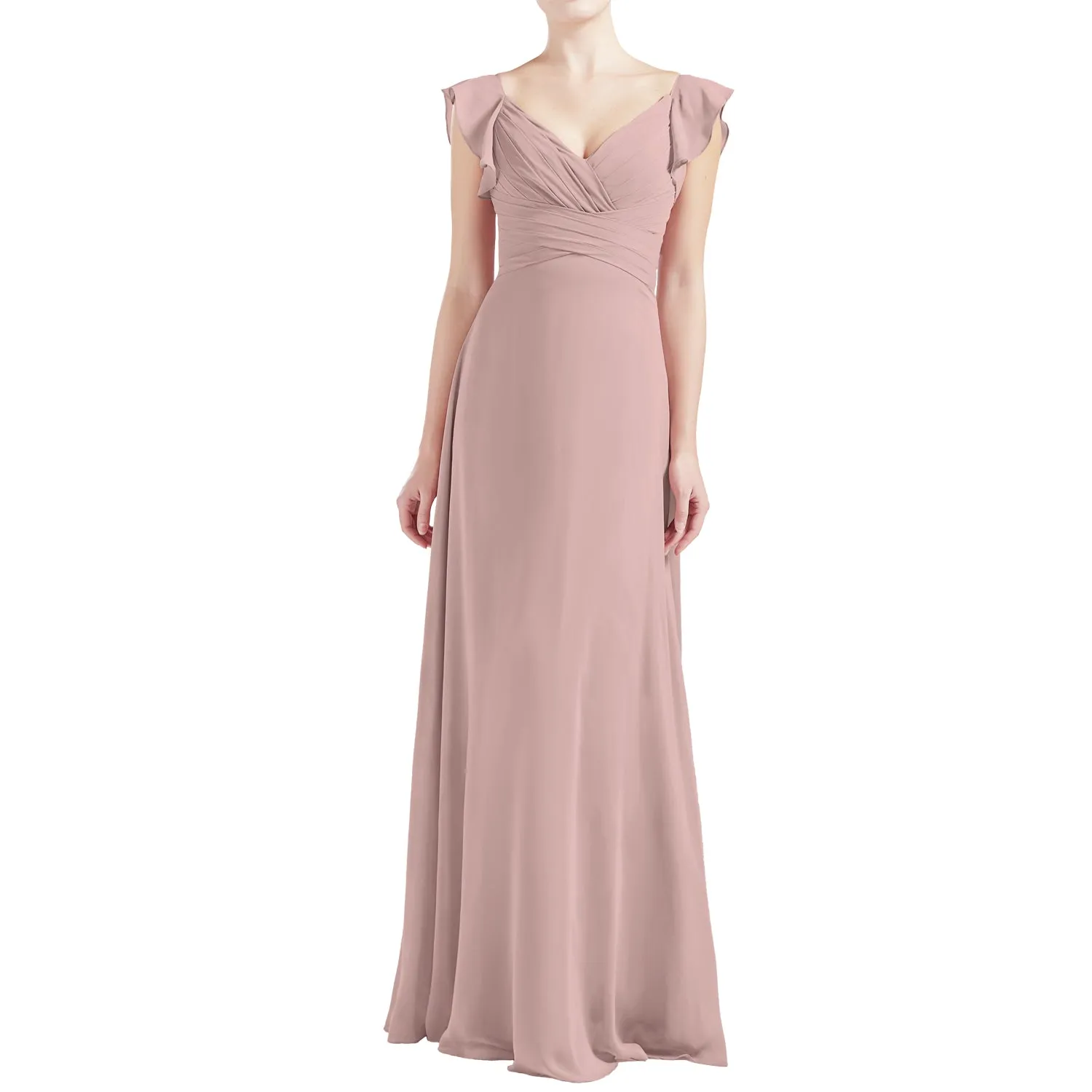 MACloth Women V Neck Ruffle Cap Sleeve Empire Waist Long Bridesmaid Dresses