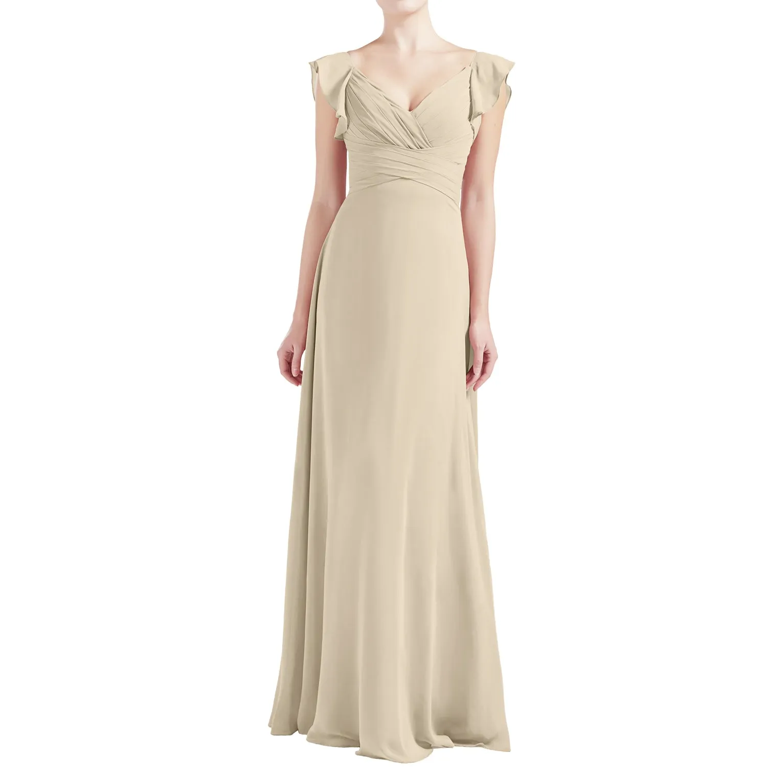 MACloth Women V Neck Ruffle Cap Sleeve Empire Waist Long Bridesmaid Dresses