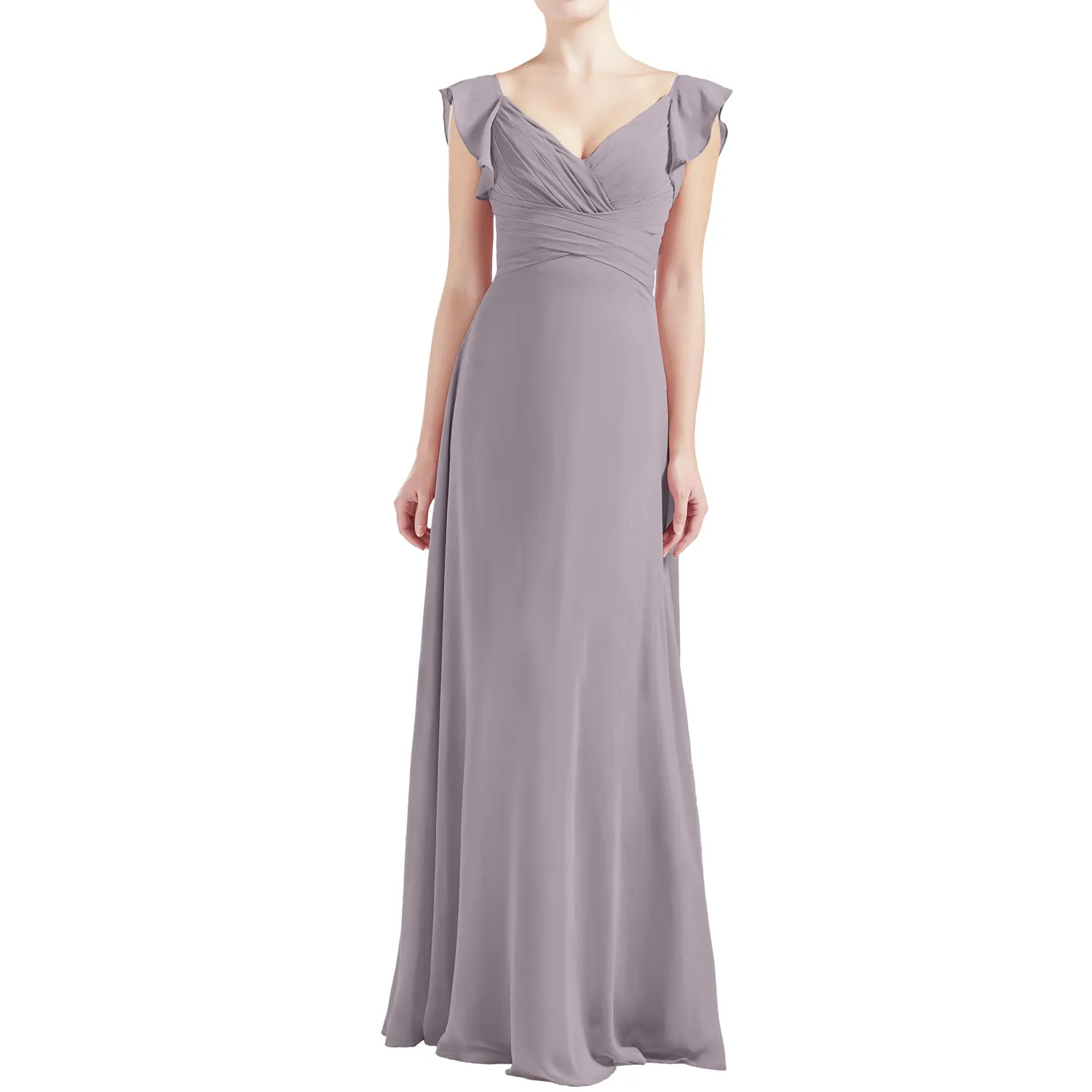 MACloth Women V Neck Ruffle Cap Sleeve Empire Waist Long Bridesmaid Dresses